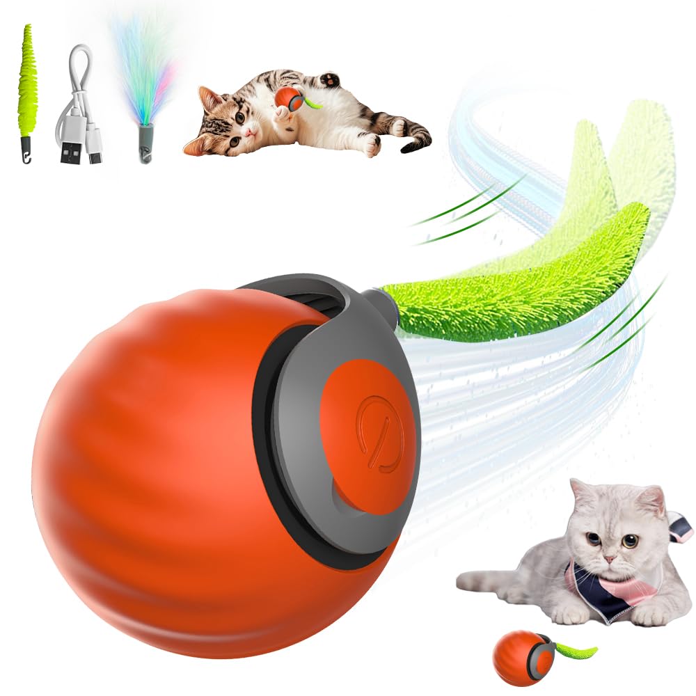 GIJIVCOZ Speedy Cat Toy,Smart Self Rolling Interactive Toy Balls Automatic Moving,Chase Toys for Bored Indoor Kitten/Adult Cats, Rechargable (Orange)