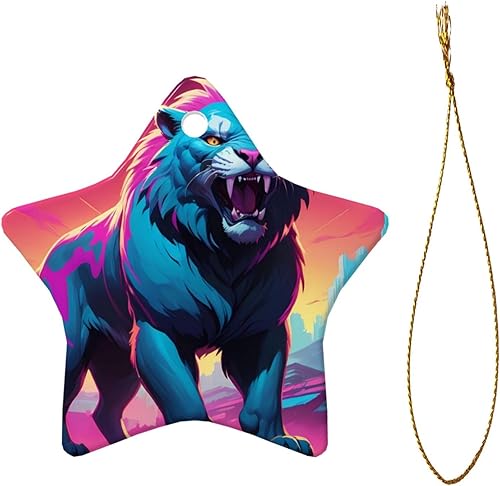 Miniatura 2 de Synthwave Sabertooth Printed Star Shape Ceramic Pendant, Perfect for Decorating Your Home Christmas Tree for Winter Parties