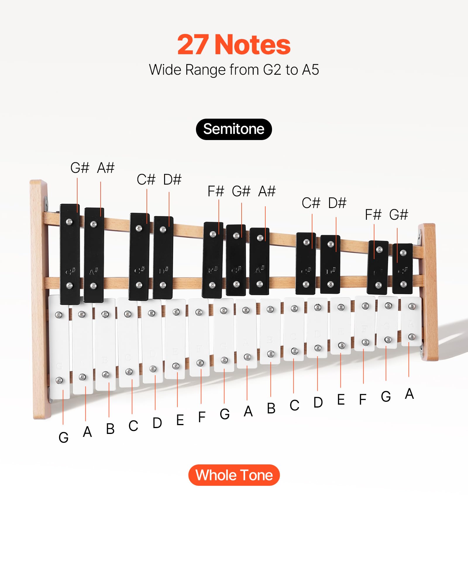 VEVOR Glockenspiel Diatonico Xilofono, 27 Note, Strumento a Percussione Professionale Xilofono, con Tasti in Metallo, con 4 Bacchette, Borsa per Trasporto, Strumento Musicale per Insegnamento