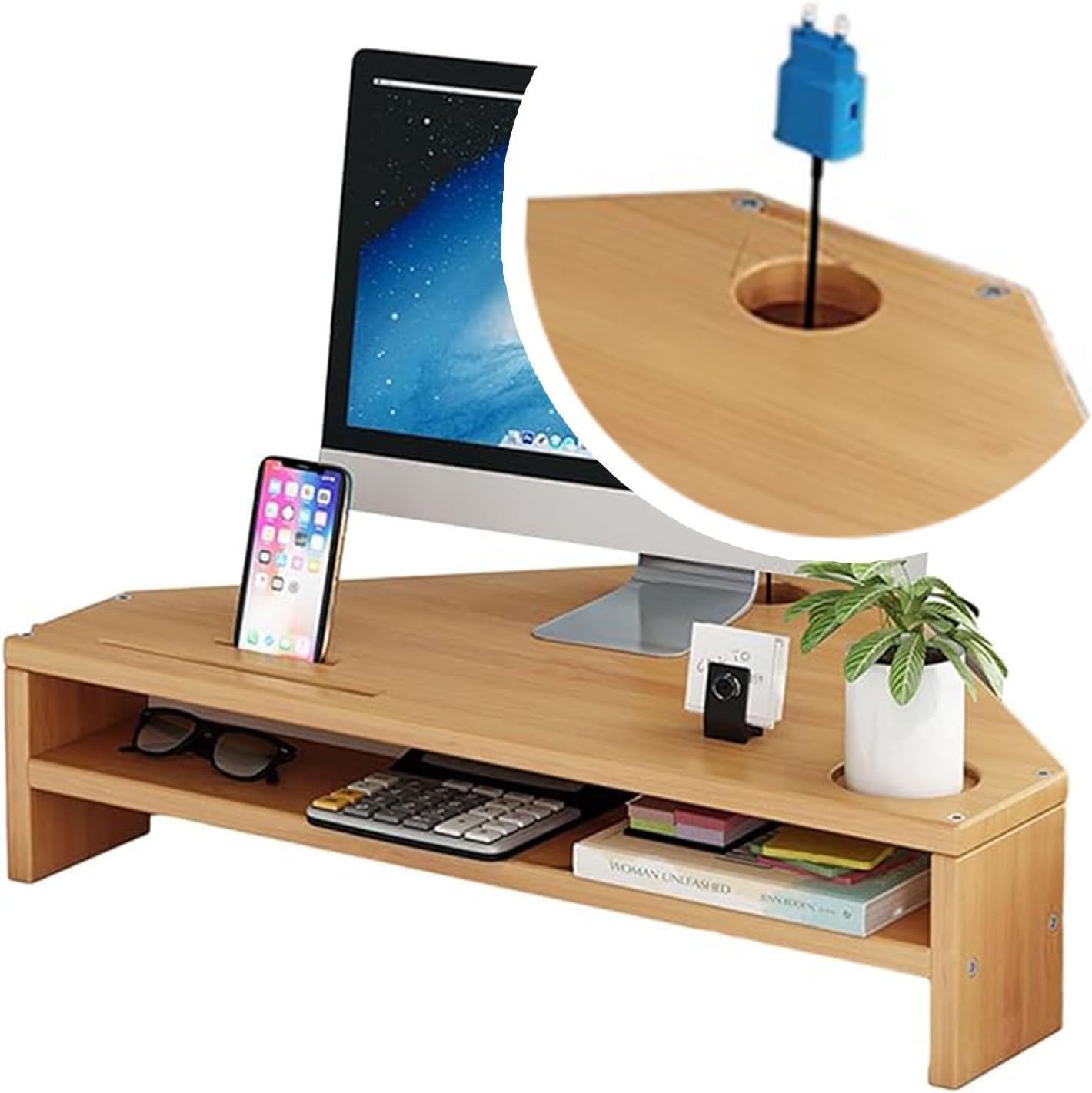 Natural Corner Monitor Stand with Cable Management - Triangle Desktop Riser Organizer for Computer, Workspace Screen Holder, Space-Saving Desk Solution