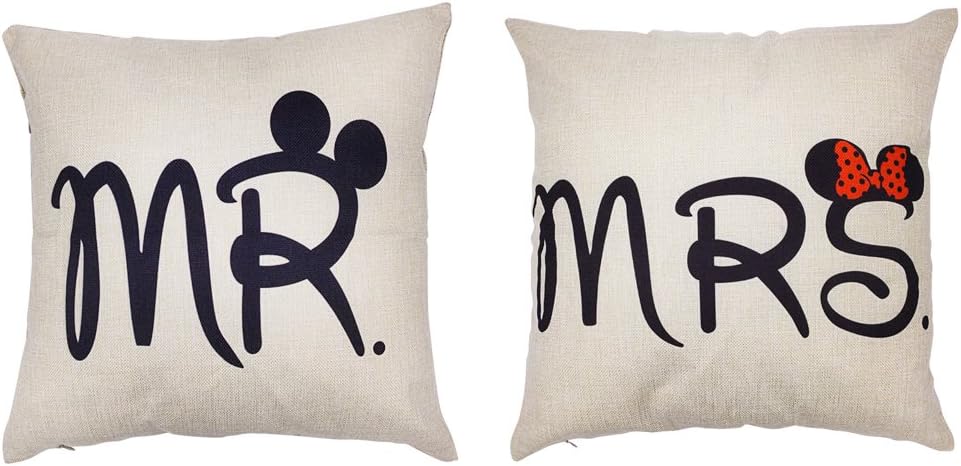 2-Pack Couple Decorative Throw Pillow Case Cover Set, 18 x 18 Inches, Mr and Mrs, for Romantic Anniversary Wedding Valentine's Day