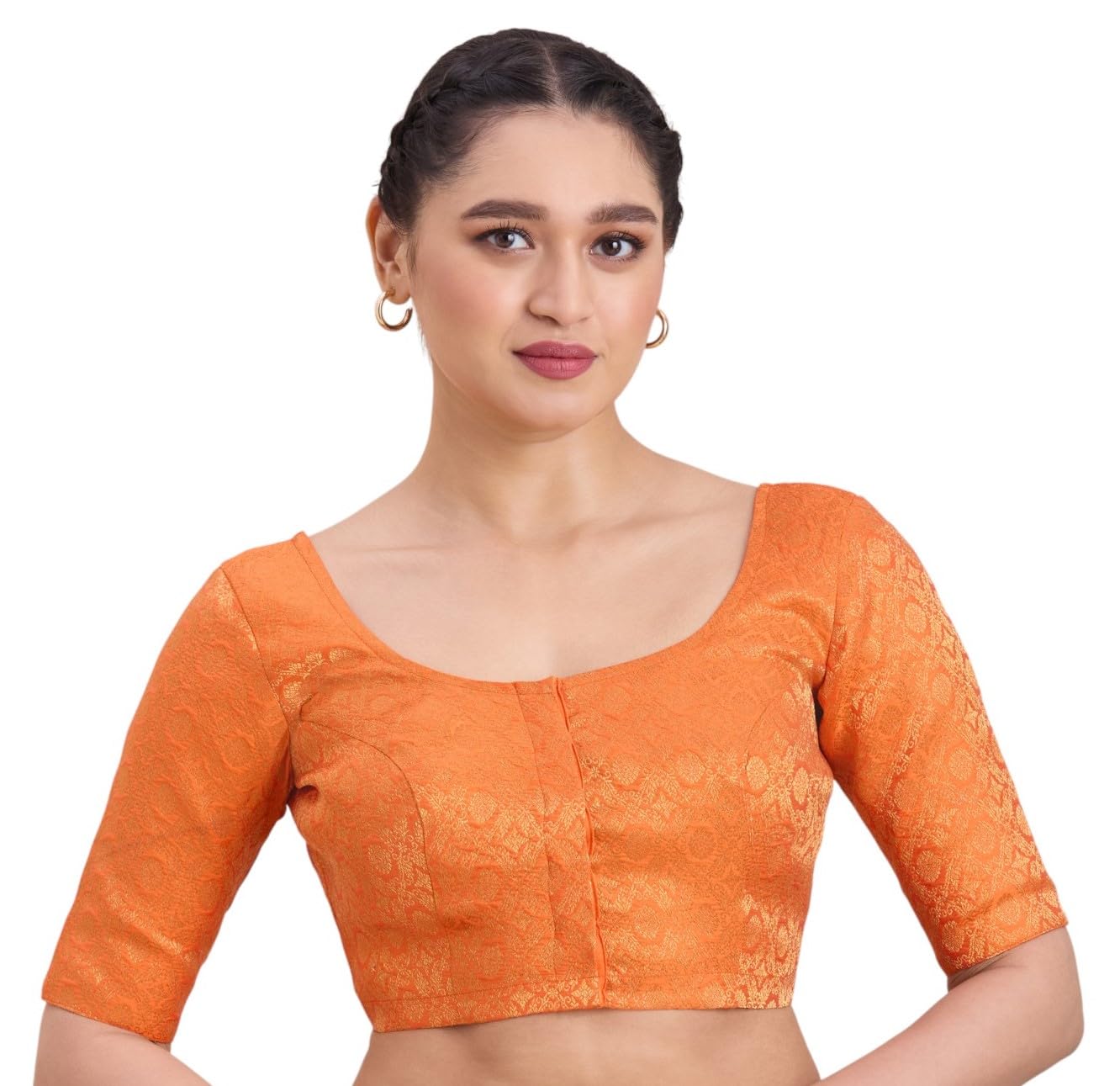 studio shringaar Women's Benaras Brocade Round Neck Readymade Saree Blouse-picture-32