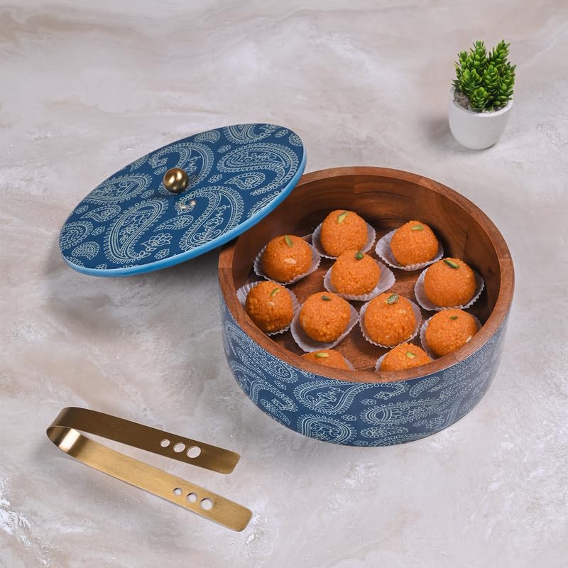 Image of Wooden Chapati Box for Kitchen - Casserole for Roti with Stainless Steel Brass Lid | Wooden Chapati Box with 1 Tong | Traditional Kitchen Organizer - Blue (Printed)