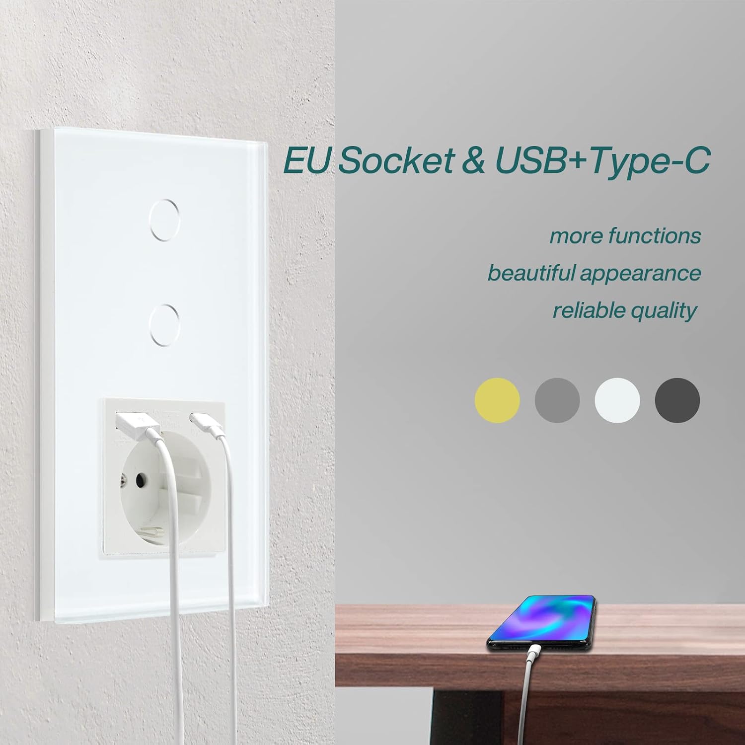BSEED Interruptor Inteligente WIFI,Interruptores Tactil Con Cristal,Compatible con Alexa,Tuya y Smart Life,Requiere Cable Neutro,2 Gang 1 Vía + 1 Enchufe USB/Tipo C,157mm Blanco 7