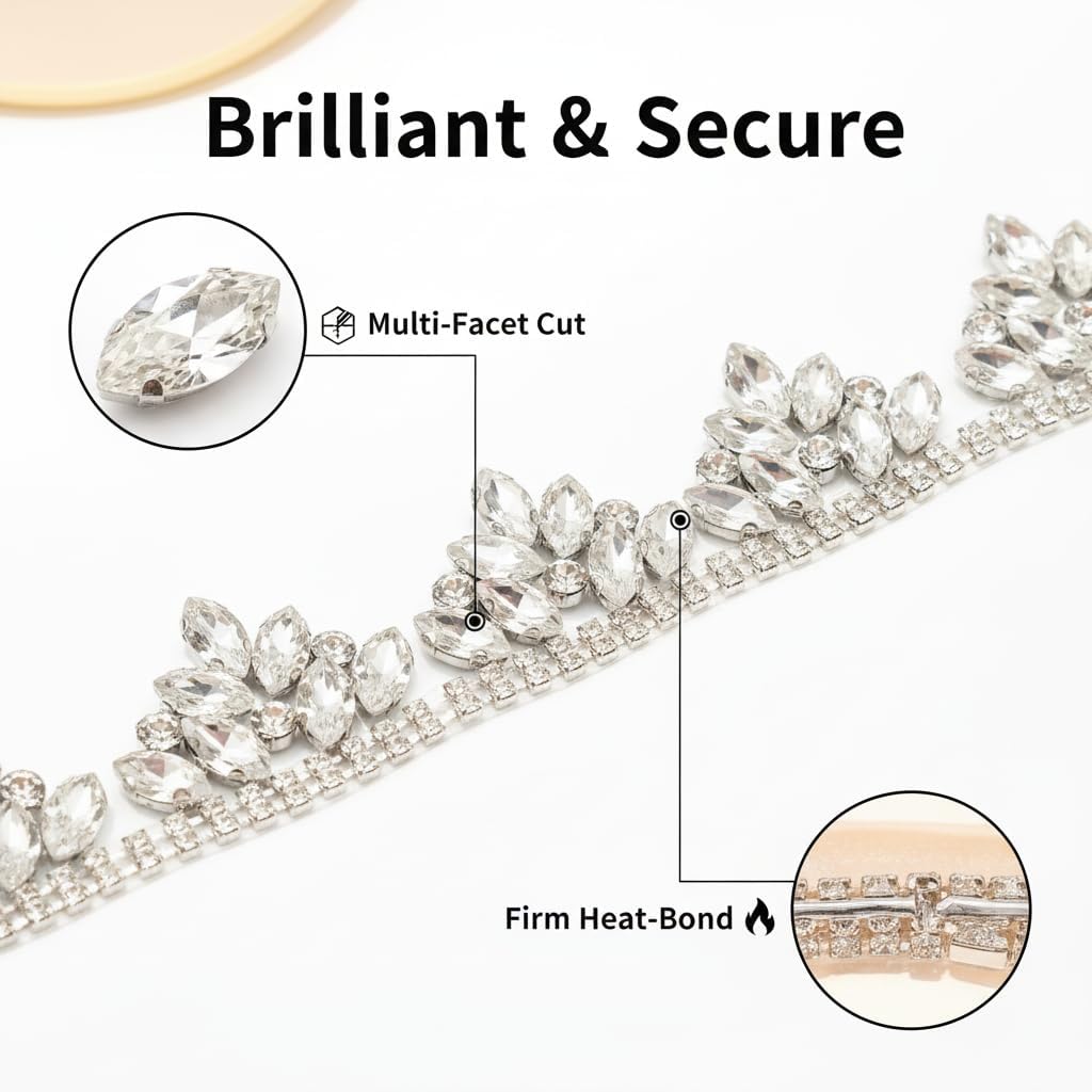 1 Yard Iron On Rhinestone Chain Trim,Hot-Fix Water Drop Flower Shape Rhinestone Trim for Wedding Dress Bridal Sash Belt Shoulder Decoration (Gold A)