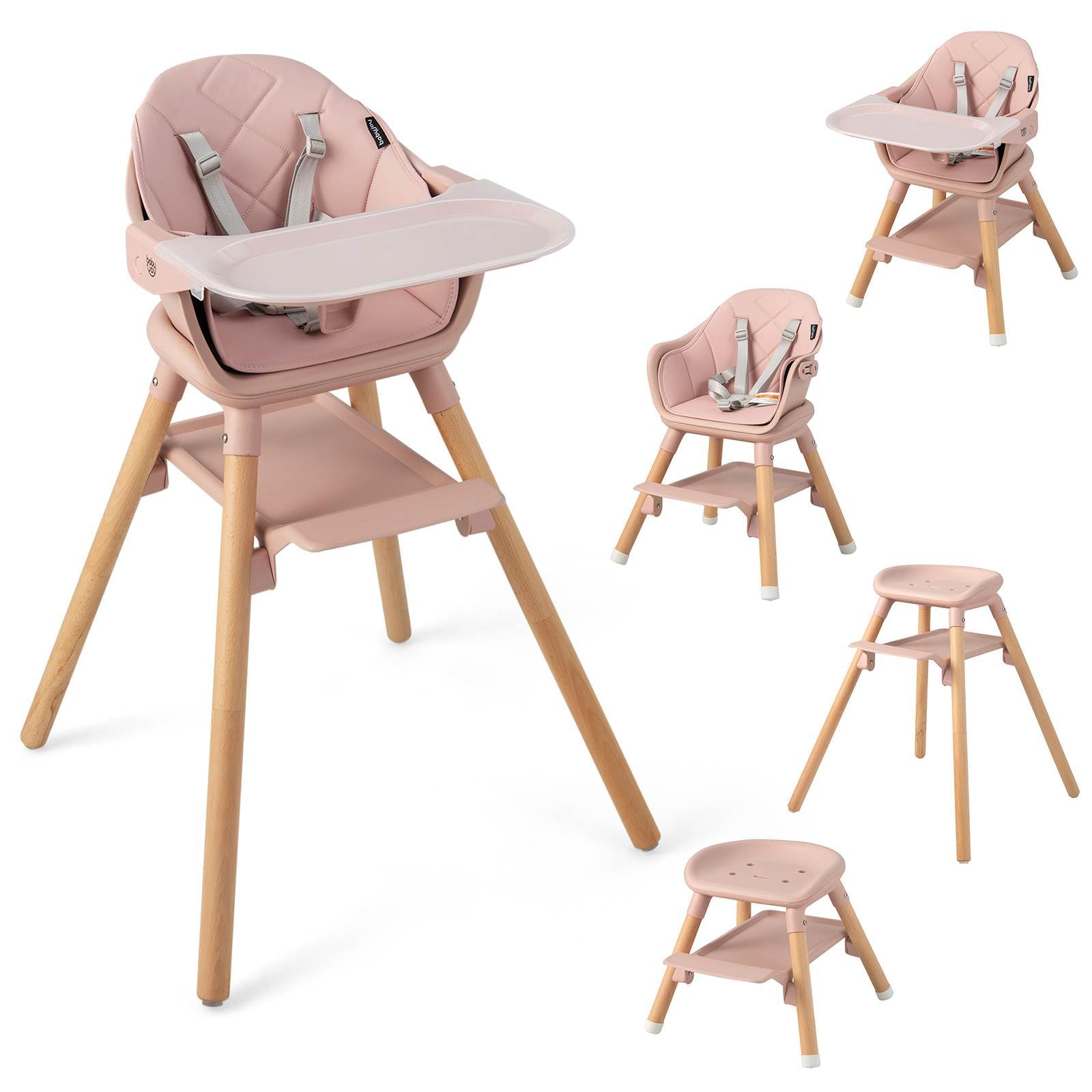 BABY JOY 6-in-1 Convertible Wooden High Chair, Baby High Chair with Double Dishwasher Safe Trays, 5-point Harness, Storage Shelf & Solid Beech Wood Legs, Highchair for Babies, up to 6 Years Old, 25 kg, Pink - Pink