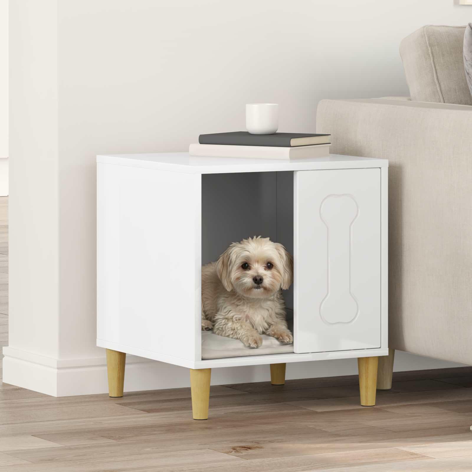 Maison pour chien intérieur en bois, niche compacte blanche et rectangulaire 44x42x49 cm