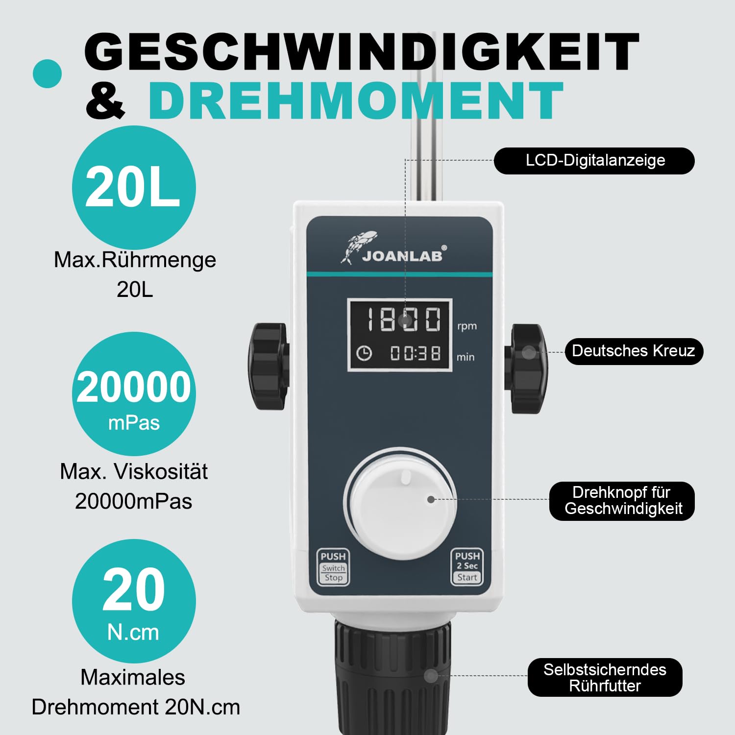 JOANLAB Laborrührwerk Overhead Stirrer, 50W Laborrührer mit Rührblatt & Edelstahl-Ständer, Verstellbare Geschwindigkeit 100-1500 U/min, Timer 1min-24h, für max. 20L & 20000 mPas