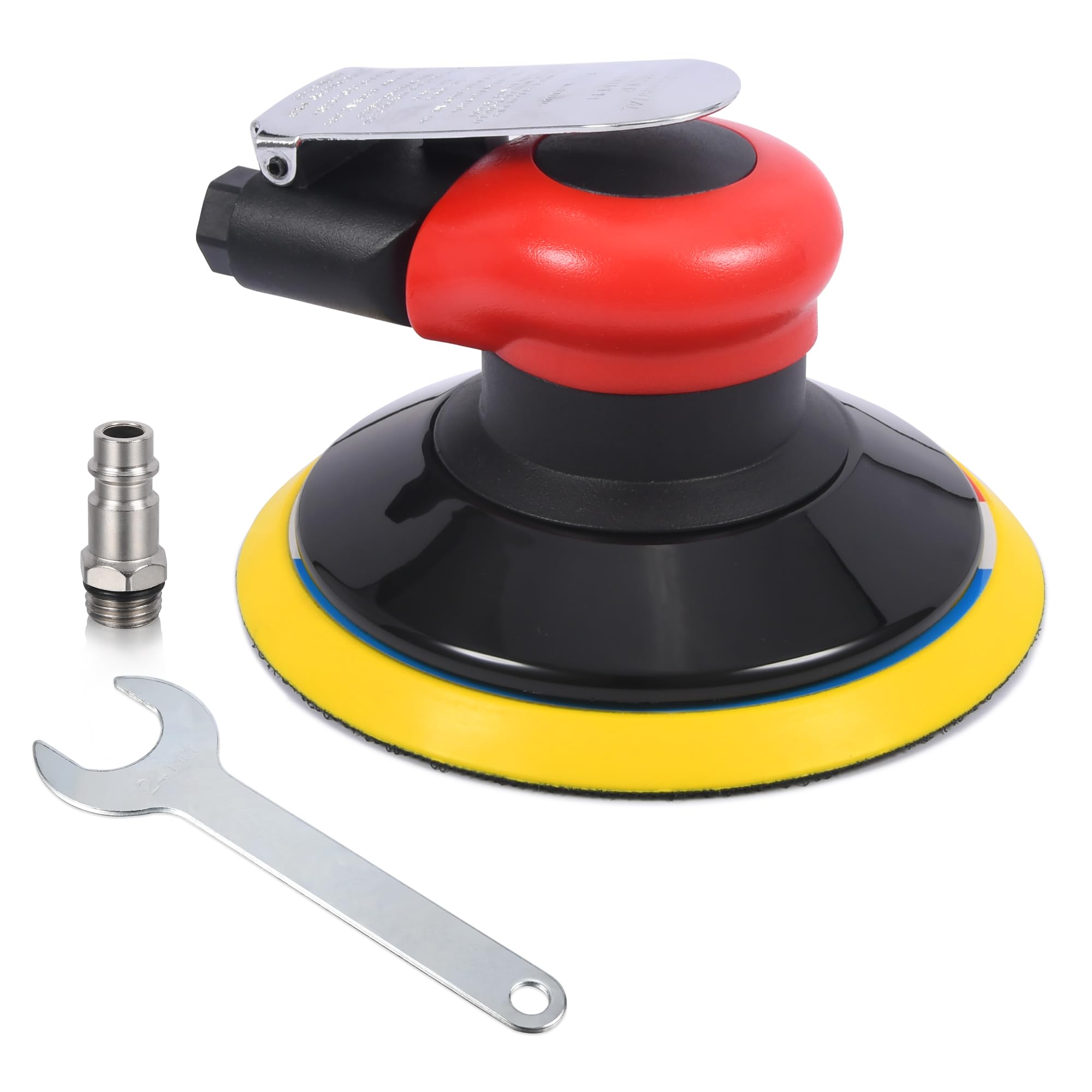Professional Air Random Orbital Sander, 6-Inch Pneumatic Dual Action Palm Sander/Polisher, 10,000 RPM Variable Speed with Hook & Loop Pad for Auto Body, Woodworking & Metal (Red, 150mm)