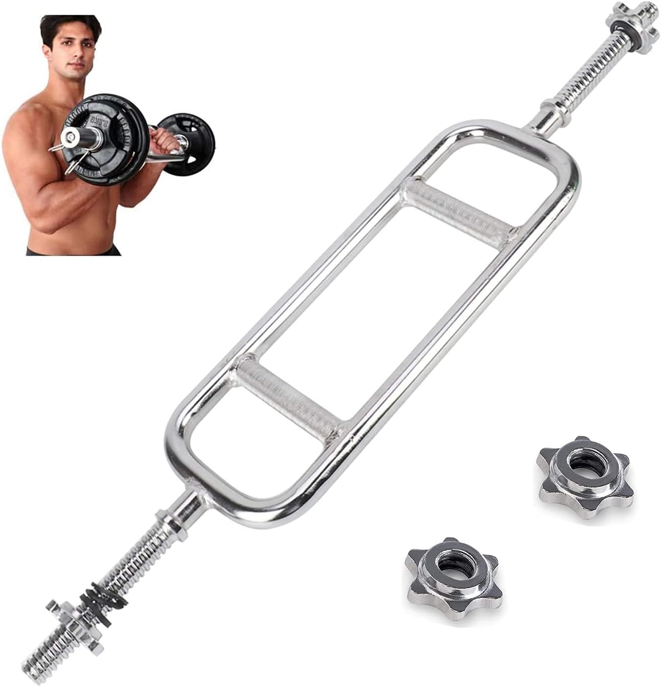 jxgzyy Tricep Weight Bar 34 inches / 86 CM Barbell Bar EZ Curl Bar Solid Hammer Curl Tricep Barbell Lifting Bar for 1 Inch Weight Plates Hole Home Gym Fitness Exercise with 1" Spin Lock Collars