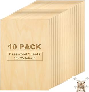 10Pcs 16 x 12 x 1/8 Inch Basswood Sheets, Unfinished Wood Boards, 3mm Basswood for Laser Cutting, Arts and Crafts, Painting, Pyrography, Wood Engraving, Architectural Models