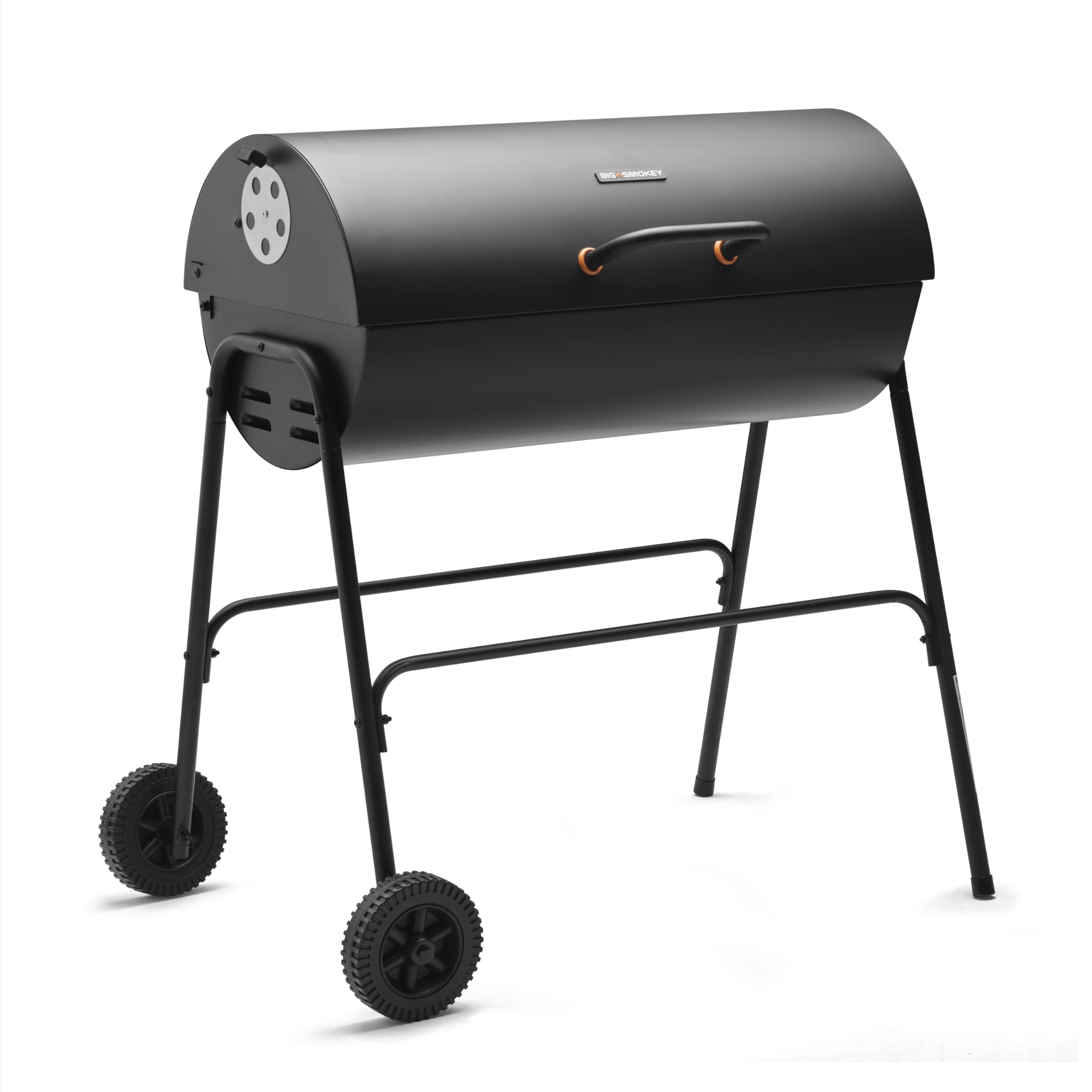 Big Smokey Charcoal Barrel BBQ – Portable Barbecue with Warming Rack, Wheels, Large Porcelain-Coated Steel Non-Stick Cooking Grill, Air Vents – 2 in 1 Barbeque and Smoker