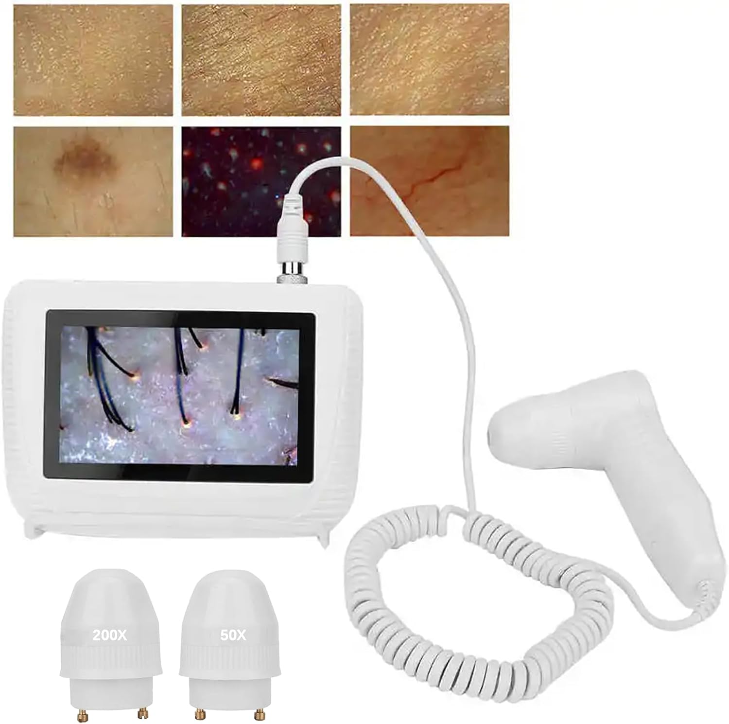 Skin Scalp Hair Follicle Detector, Rechargeable Skin Diagnosis Hair Analyzer, with 5 Inch HD Screen, Handle and 50X/200X Lens, for Home and Salon