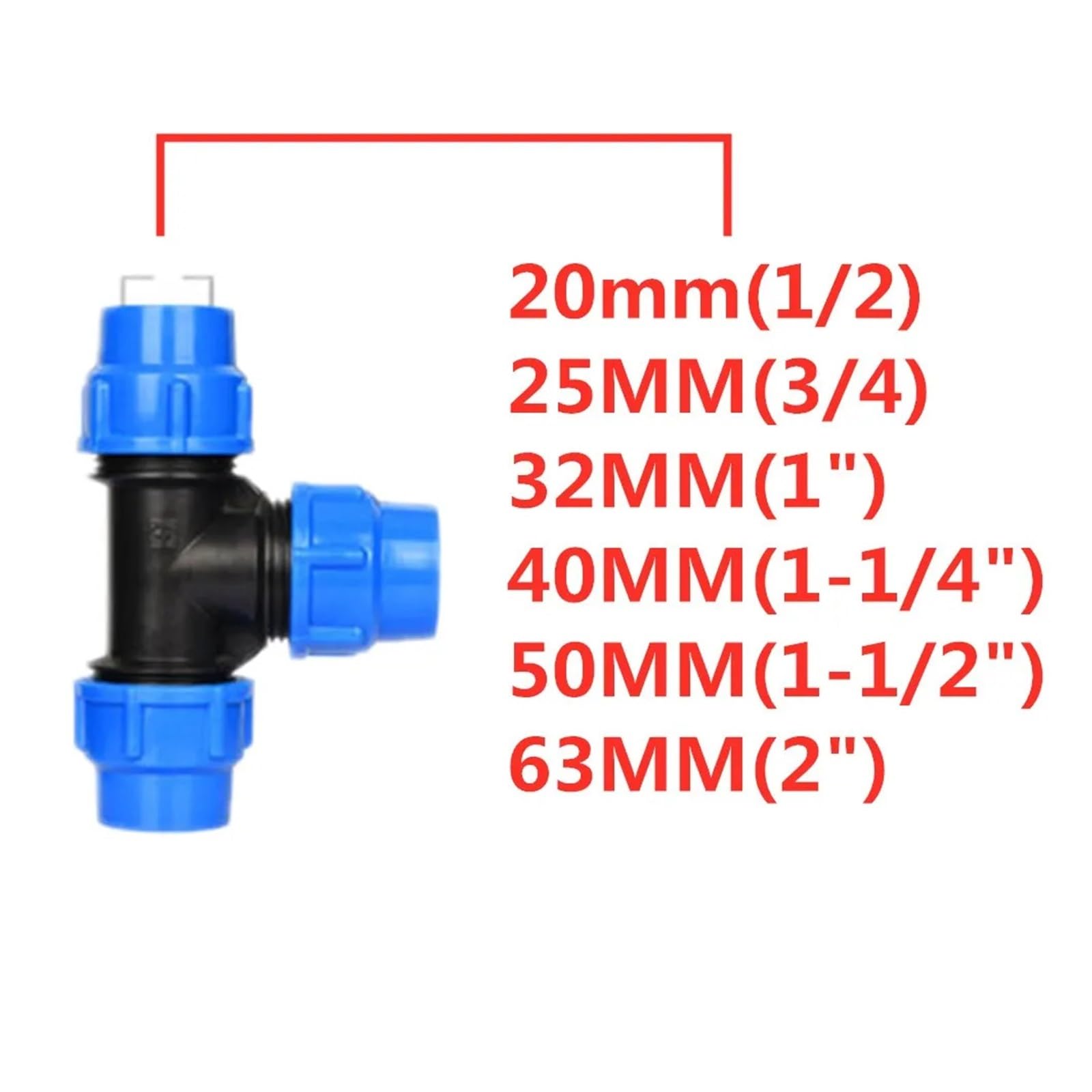 Accesorios de tubería de PE, accesorios de tubería de grifo de unión rápida de tres vías, conector de tubo de plástico de 16/20/25/32/40/50/63mm, riego de agua del grifo(Blue,63MM_METRIC)