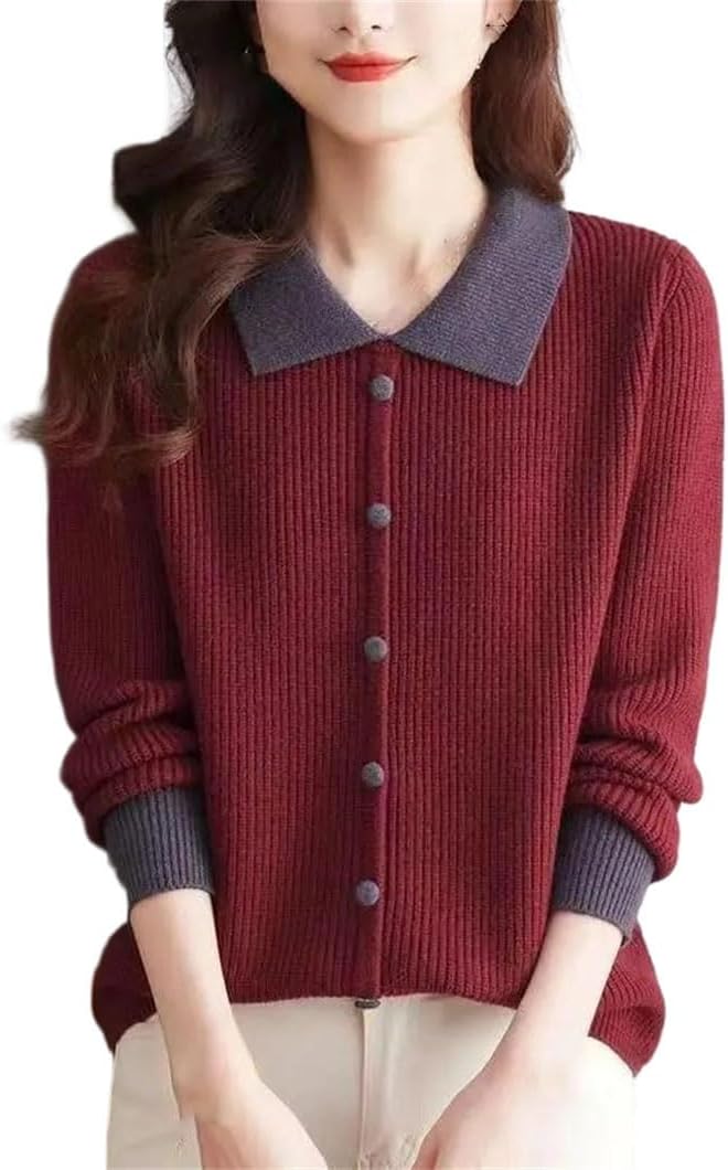 Women's Lapel Knit Top for Spring Fall Loose Fashion Base Layer Sweater for Inner and Outer Wear
