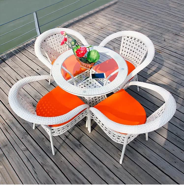 Image of Anaya Decor D-15 Chairs Table Set 4+1 Wicker Patio Furniture Sets 4 Chair and 1 Table with Cushions for Garden Balcony Bedroom Powder Coated Frame Uv Protected Wicker (White+Orange)