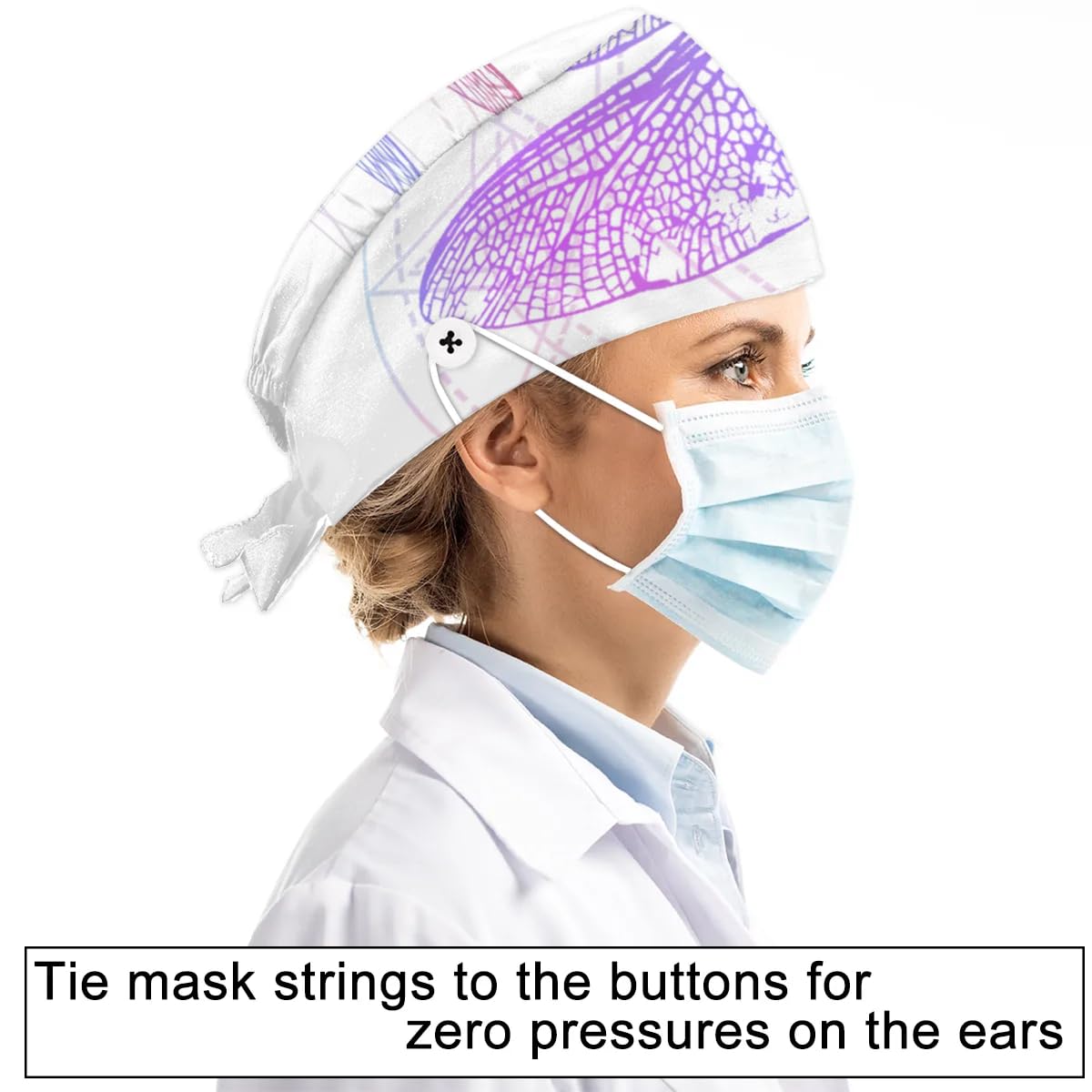 Mularoka Painted Dragonfly Silhouette Working Caps with Button Sweatband Comfortable Adjustable Bouffant Hats Work Hat for Women Men