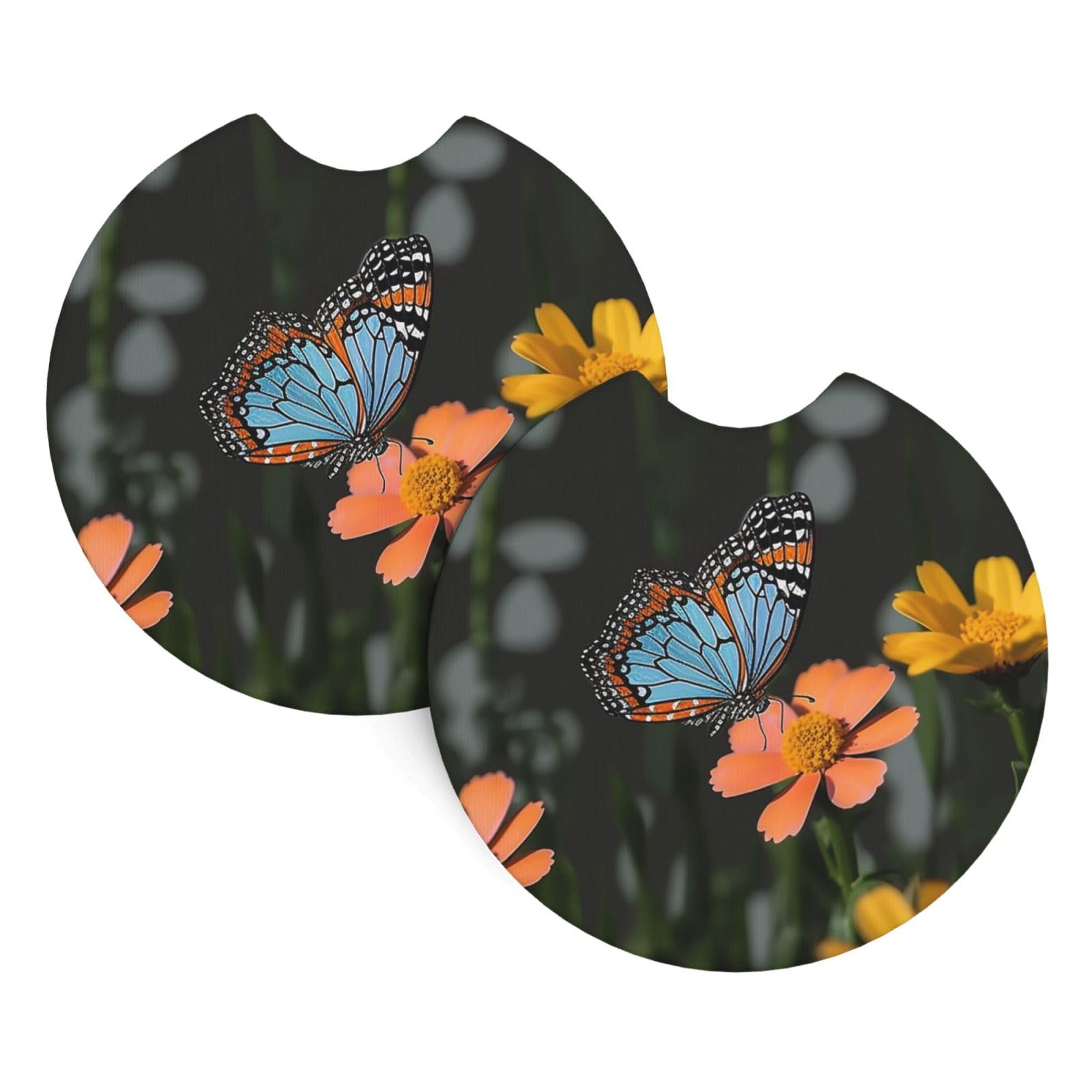 2 Pack Car Coaster for Cup Holders Butterfly and Flower Car Cup Coaster 2.7" Neoprene Non-Slip Automotive Cup Mat Universal Auto Car Interior Accessories for Women Men Cup Pad