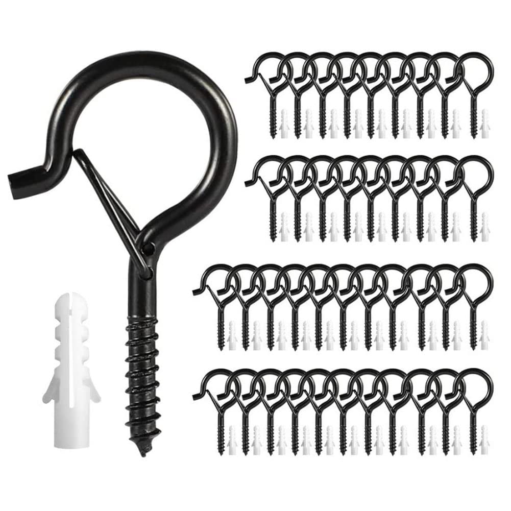 esowemsn 20PCS Sheep Eye Circle Hook Black Iron Ceiling Hook Self-Tapping Hook Windproof Screw Hook with Buckle for Hanging Plants,Outdoor String Lights,Wall Hangers,Light Hangers
