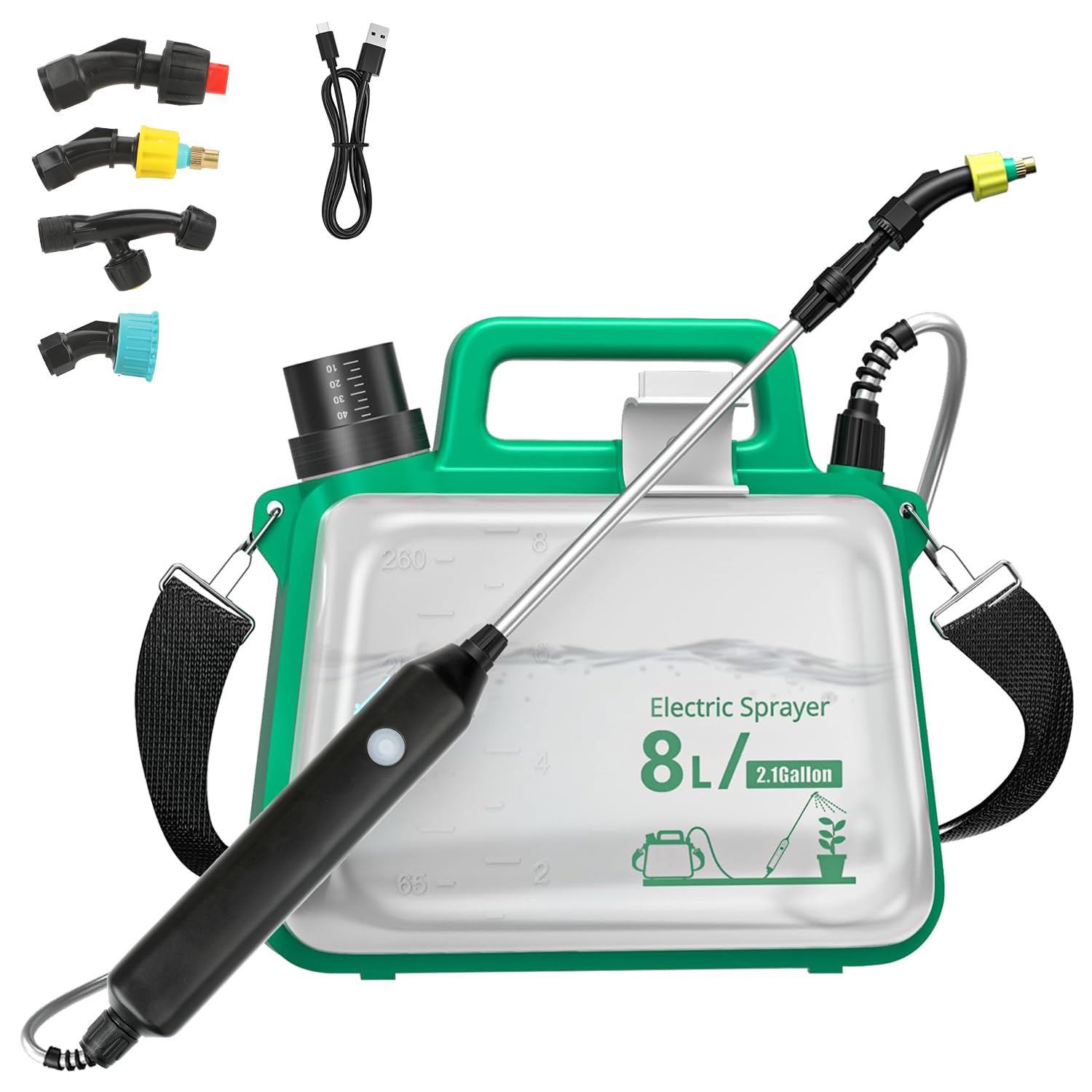 Pulverisateur Electrique 8L, Pulverisateur de Jardin avec 4 Embouts, Tige Télescopique et Bandoulière Réglable, Batterie 2500 mAh Rechargeable par USB pour Nettoyer Arrosage