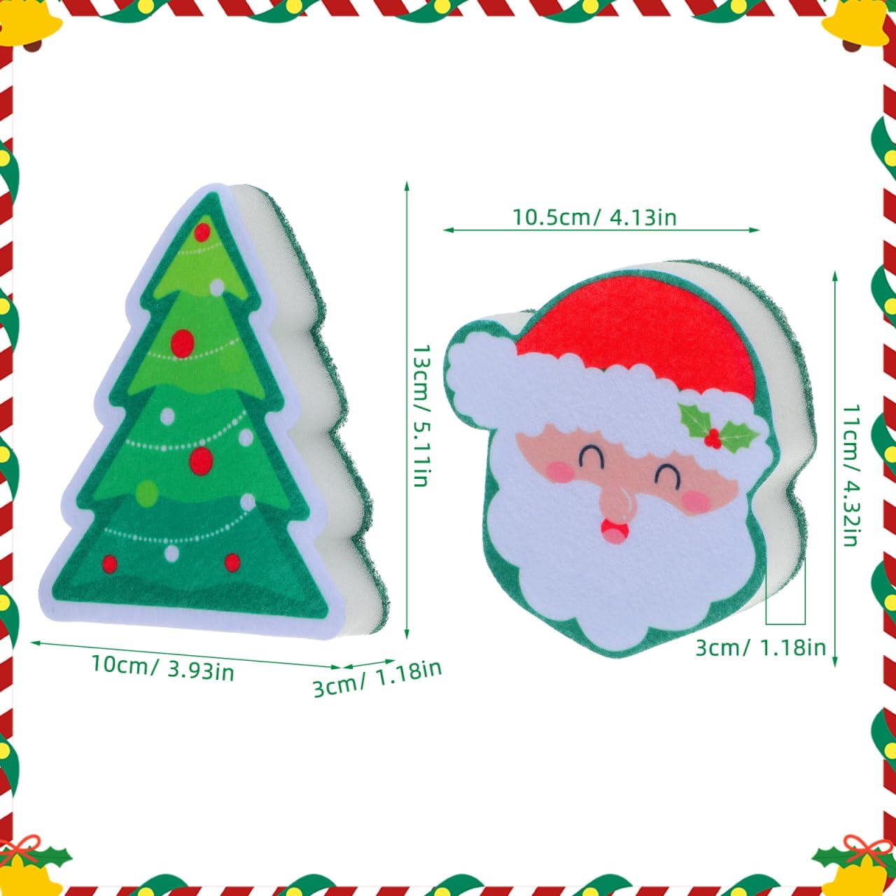 2Pcs Christmas Dish Sponges, Cute Santa Christmas Tree Household Cleaning Dishwasher Sponges, Dual Sided Non-Scratch Scouring Pad for Kitchen Dishes Pots Furniture