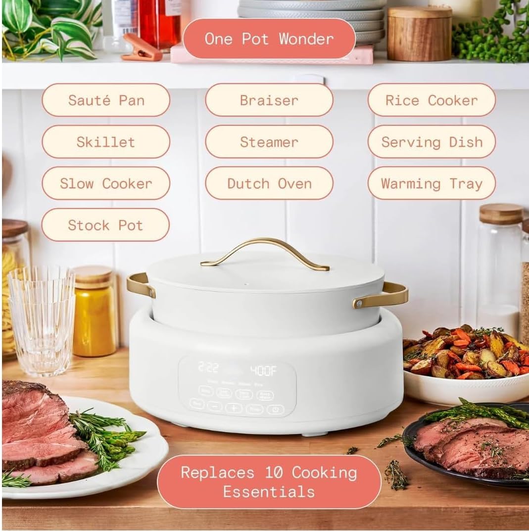 10-in-1 Electric Multi-Cooker by Drew Barrymore, 6-quart, digital display, 10 cooking functions, non-stick pot, easy one-touch control (White Icing)