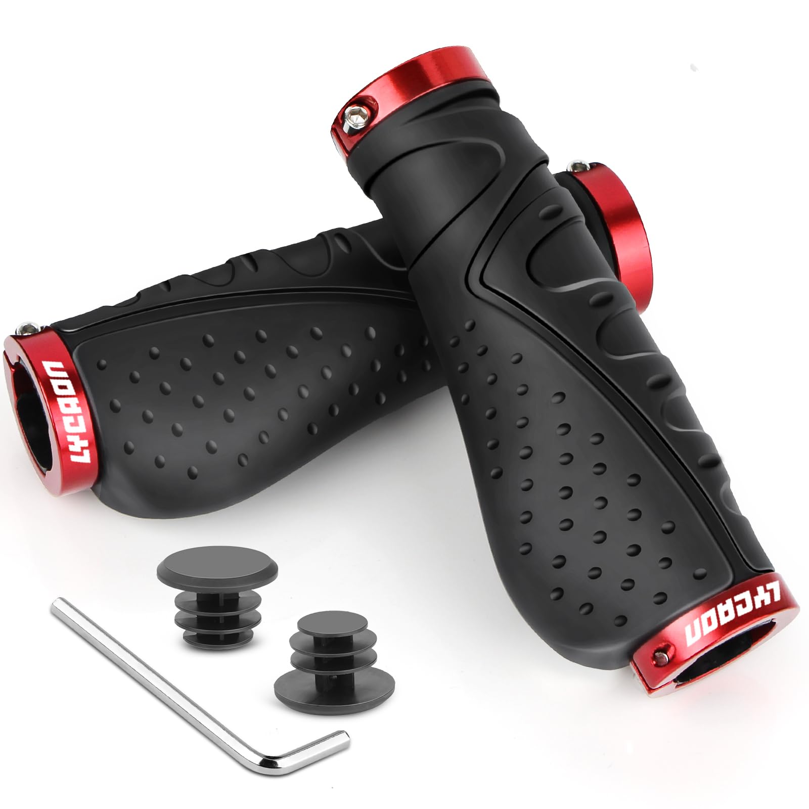 LYCAON Bike Lenker Griffe Fahrrad, Fahrradgriffe Ergonomisch rutschfeste Gummi Fahrrad Griff mit Aluminium Lock, Handgriff für Scooter Cruiser Urban Dreirad Rad Stuhl Mountain Road Bike BMX MTB (Rot)