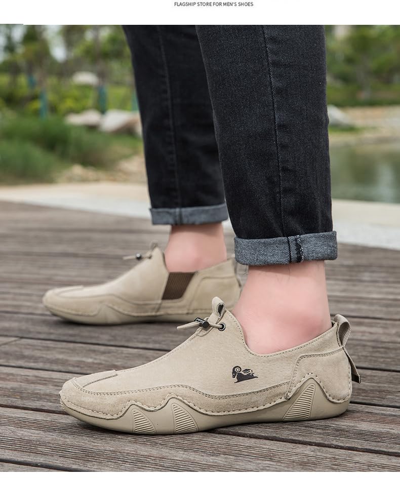 Cubicbee Men's Casual Elastic Belt Leather Loafers Shoes Italian Handmade Suede Sneakers Fashion Slip On Non-Slip Breathable Driving Shoes3