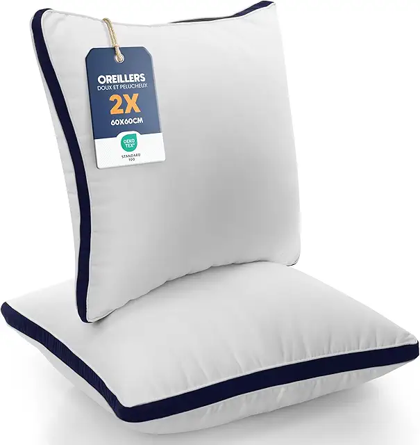 Oreiller 60x60 cm (2 Pièces) - Rembourrage Fibres Creuses 3D, Doux et Facile à Entretenir - Bleu Marine