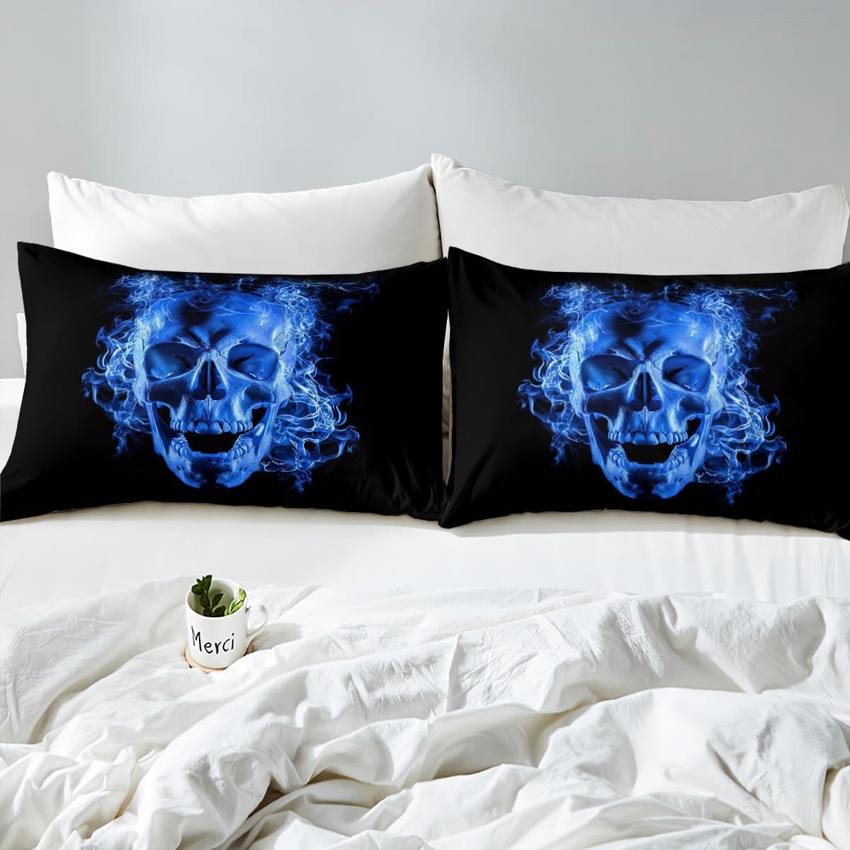 Feelyou Death Skull Bedding Set Gothic Skull Comforter Cover for Kids Adult Blue Fire Duvet Cover Skeleton Bones Bed Set Halloween Themed Room Decor 3Pcs with 2 Pillow Case Full Size (No Comforter)