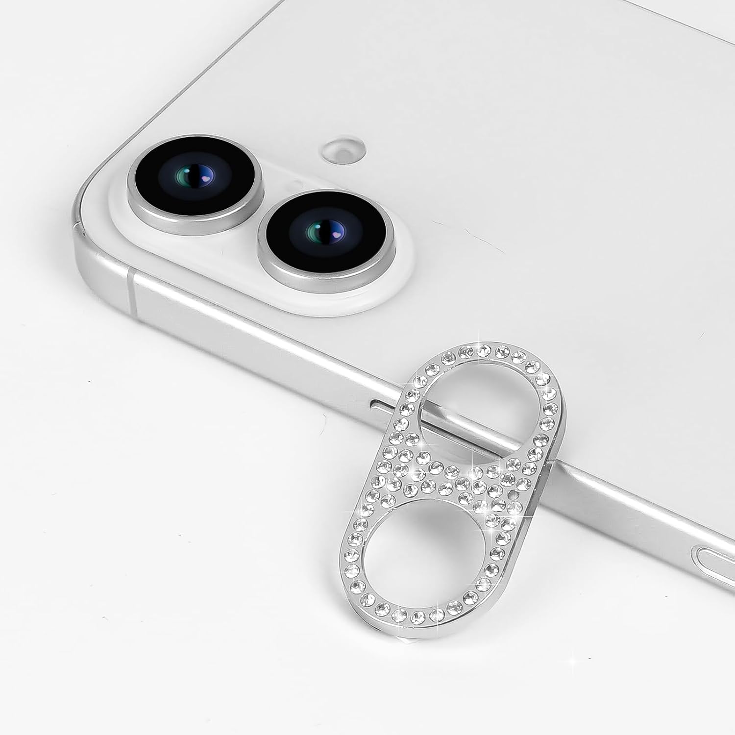Omio [2 Pack] Compatible with iPhone 16 Bling Camera Lens Protector Cover for Women Girls 3D Diamond Lens Case Glitter Diamond Crystal Metal Lens Decoration Cover for iPhone 16 Plus White Titanium image 3