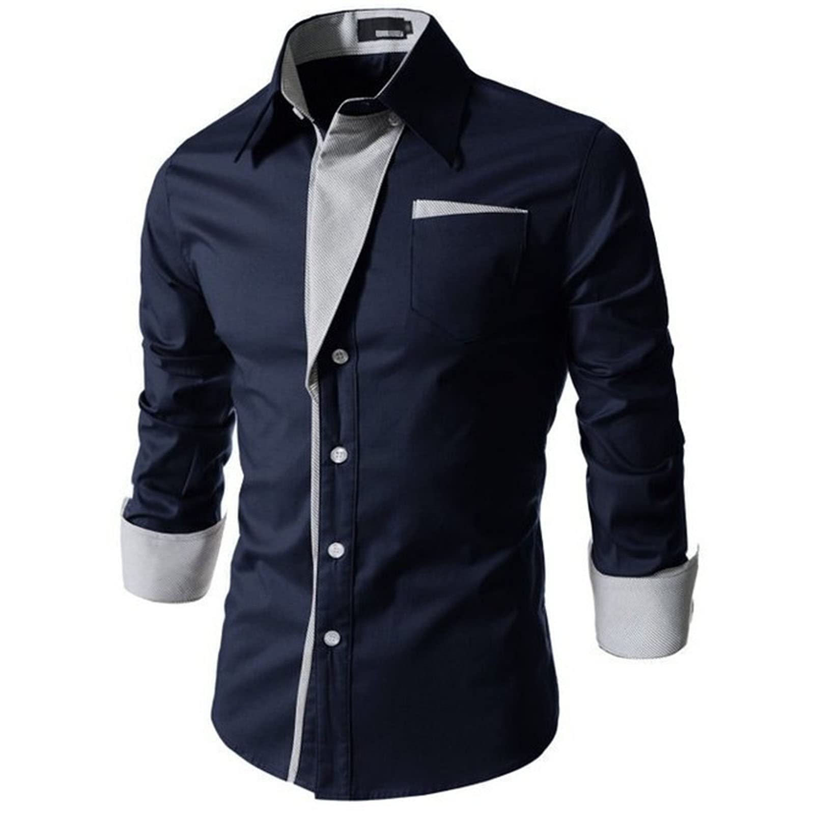 Mens Long Sleeve Stylish Dress Shirts Patchwork Casual Button Down Shirts Turn-Down Collar Shirt Top with Pockets (Dark Blue,3X-Large)