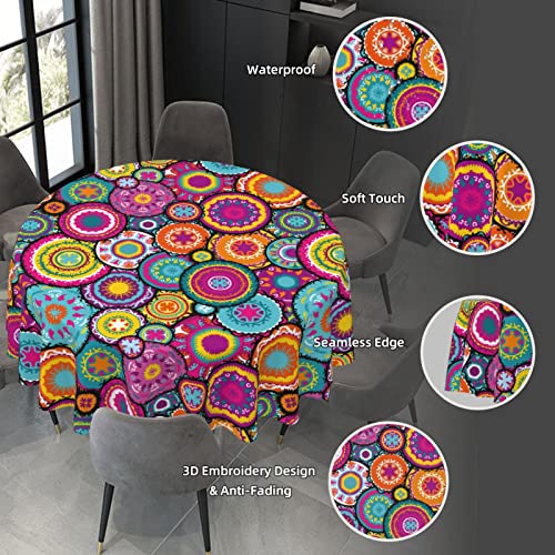 Yetta Yang Moroccan Colorful Circles Flower Waterproof Picnic Patio Party Round Table Cloth Cover Decorations Fabric 60 Inch Circular Tablecloth For 20-47 Inch Home Dining Room Kitchen Decor #TOP4