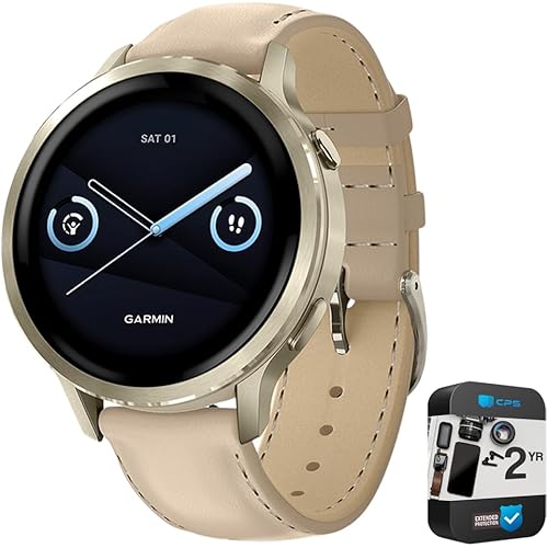 Garmin 010-03013-03 Venu 4, 41mm Smartwatch, Lunar Gold with Bone Band and Light Sand Leather Band Bundle with 2 YR CPS Enhanced Protection Pack