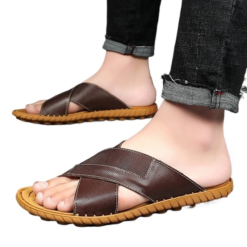 Sandals Men Leather Men Shoes Vintage Flats Casual Beach Flip Flop Slippers(D,42 Code)2