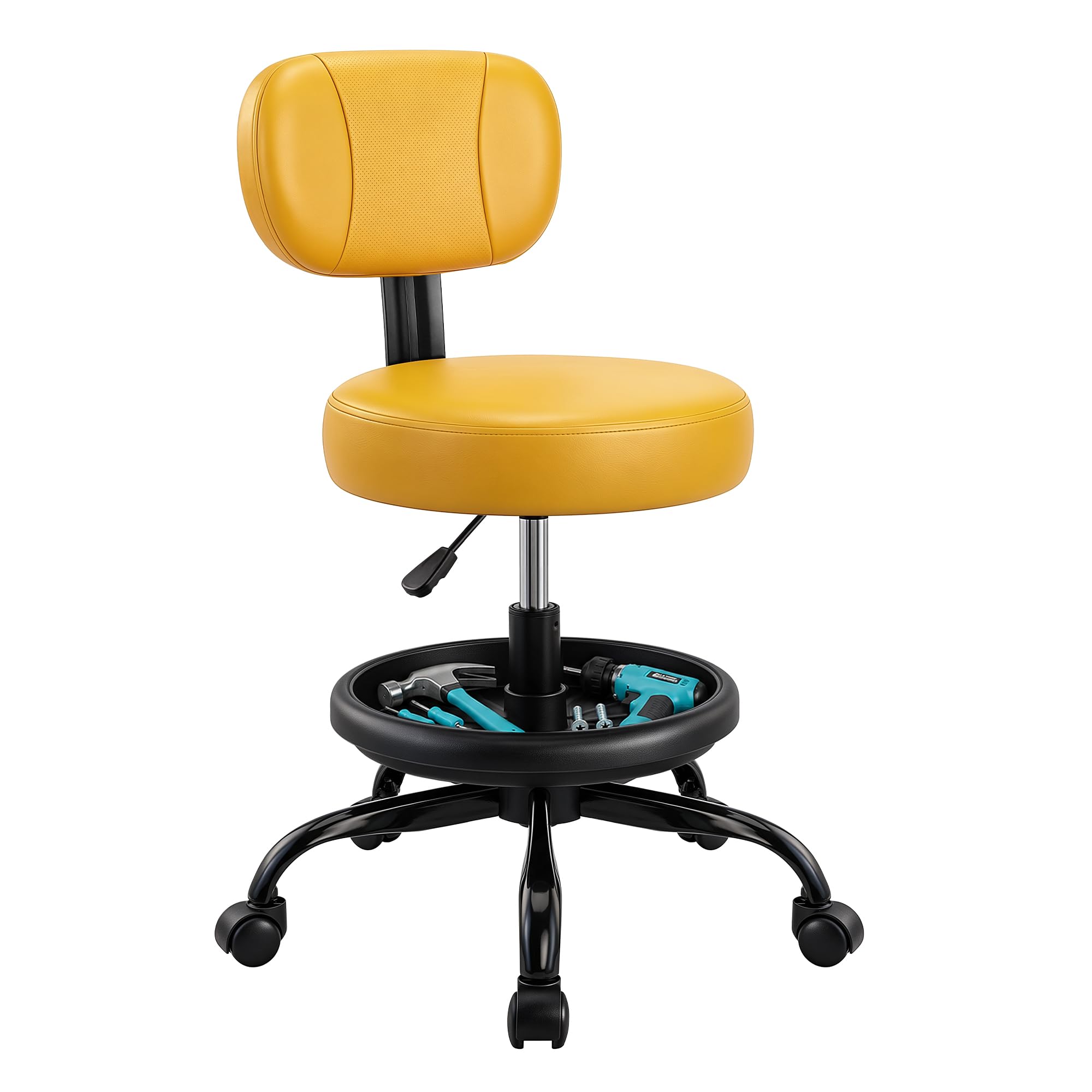 Rolling Garage Mechanic Shop Stool with Backrest, Height Adjustable Heavy Duty Swivel Task Chair with Footrest &amp; Storage Tray, Mobile Workshop Stool for Auto Repair, Salon, Lab, Tattoo Shop (Yellow)