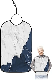 Kewadony Adult Bibs for Elderly Women - Navy Blue Marble Waterproof Dining Clothing Protectors with Crumb Catcher for Eating/Feeding, Grey White Modern Abstract Art Terry Cloth Bib Machine Washable
