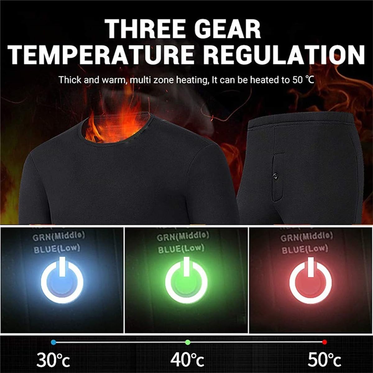 Heated Electric Thermal Underwear with 3 Heating Levels Thermal Long Johns Set for Skiing Camping，black