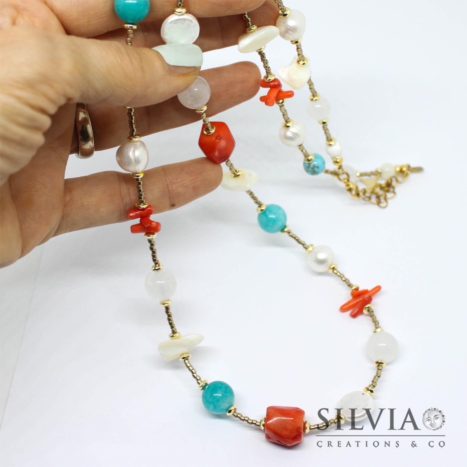 Collana Sandra Lunga Estiva da Donna Perle Turchese Corallo