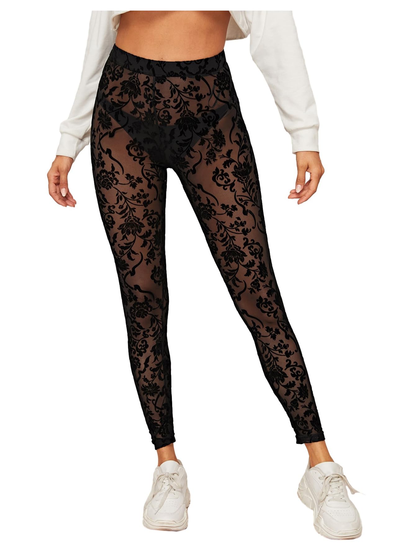 SweatyRocks Women's Floral Sheer Mesh Leggings Stretchy High Waist Pants