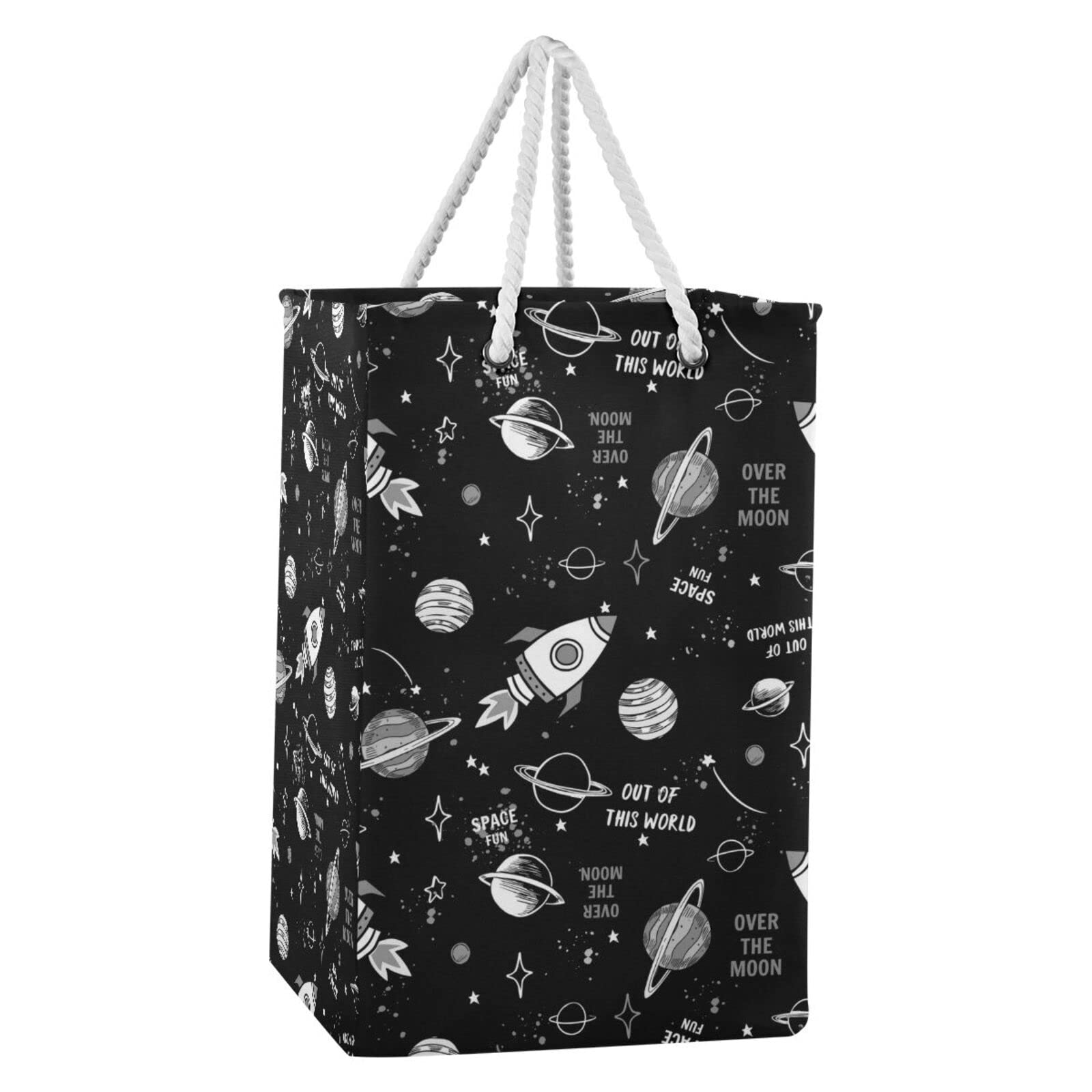 Space Doodle Cartoon Space Rockets, Planets, Stars, Moon, Slogans Collapsible Waterproof Laundry Hamper, Lightweight Washing Basket Bin Storage Organizer Bucket with Handles for Toys Clothes
