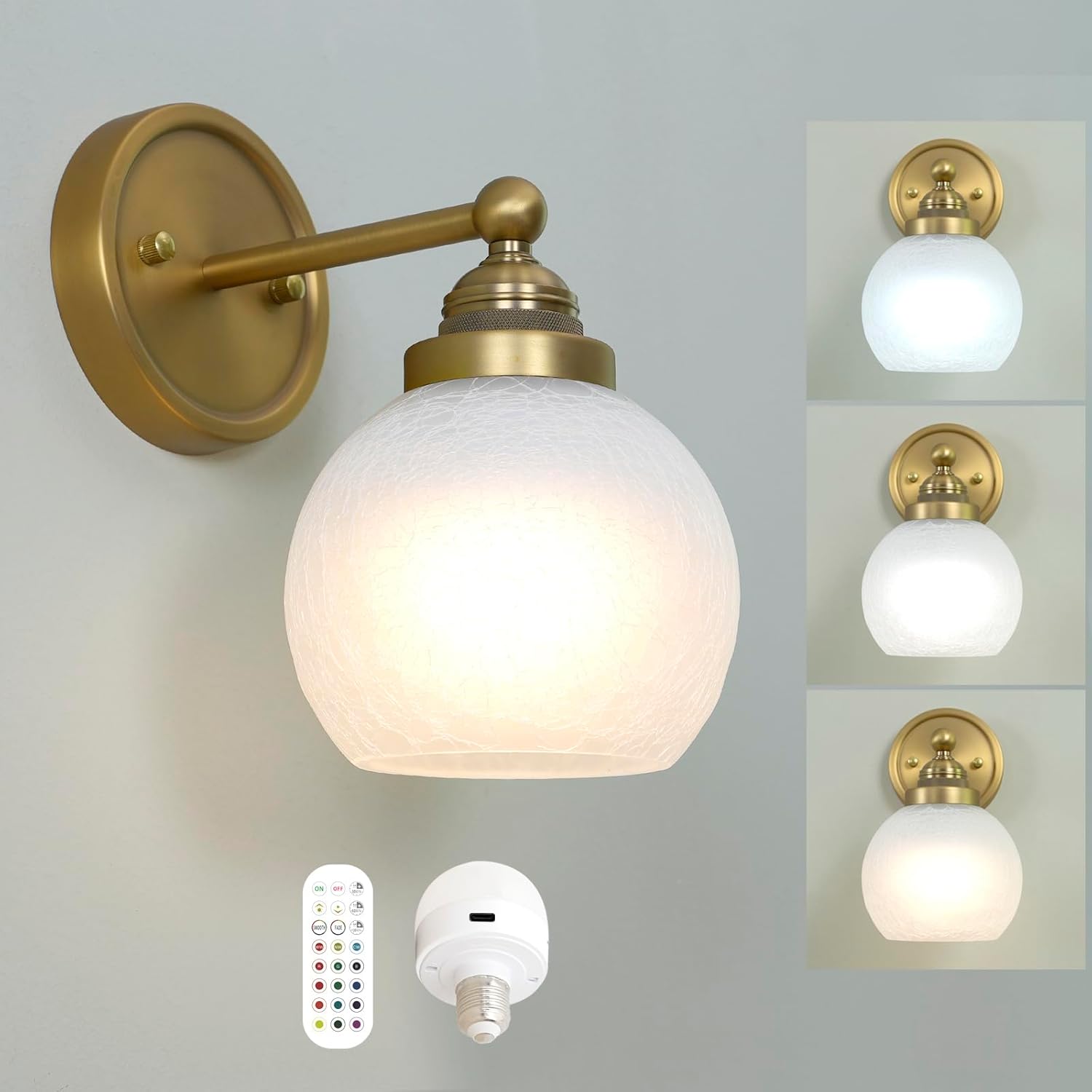 HEQIQEH Rechargeable Battery Operated Wall Sconce with Globe Ice Crackle Frosted Glass Shade Remote Control LED Wall Lamp with Timer, Cordless No hardwire Installation for Indoor Bedroom, Hallway