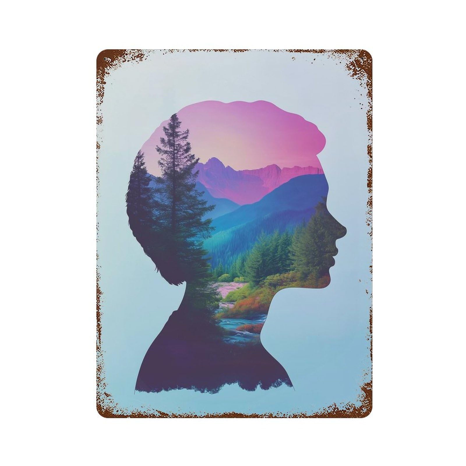 Silhouette Landscape Weathered Tin Sign 15.7"x11.8", Rustic Home Decor for Office, Studio And Wall Decor