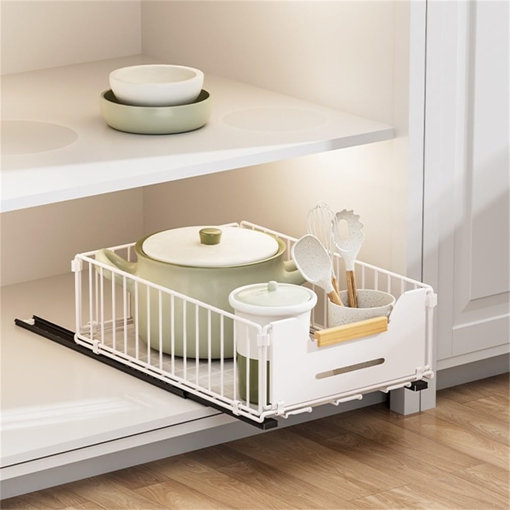 Cassetto da cucina estraibile telescopico per mobiletto inferiore, cestello in acciaio nero, 37,5 x 24,5 cm (bianco)