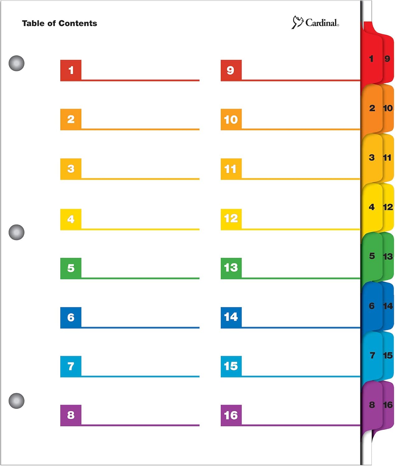 Cardinal 16 Tab Numbered Binder Dividers, OneStep Index Divider, Multi-Color (60950)