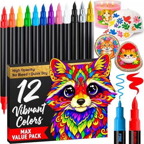 Image of ARTISTRO 12 Acrylic Paint Pens – Dual Tip (Brush & Fine) Markers for Fabric, Canvas, Rock, Glass, Wood – Calligraphy, Scrapbook Supplies DIY & Gift for Kids, Teens - Art Set