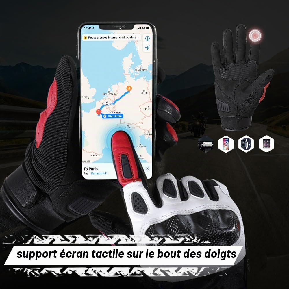 WTACTFUL Gants Moto en Cuir de chèvre avec Protection Carbone pour Femme et Homme - Gants complets tactiles pour Moto, Conduite et Motocross
