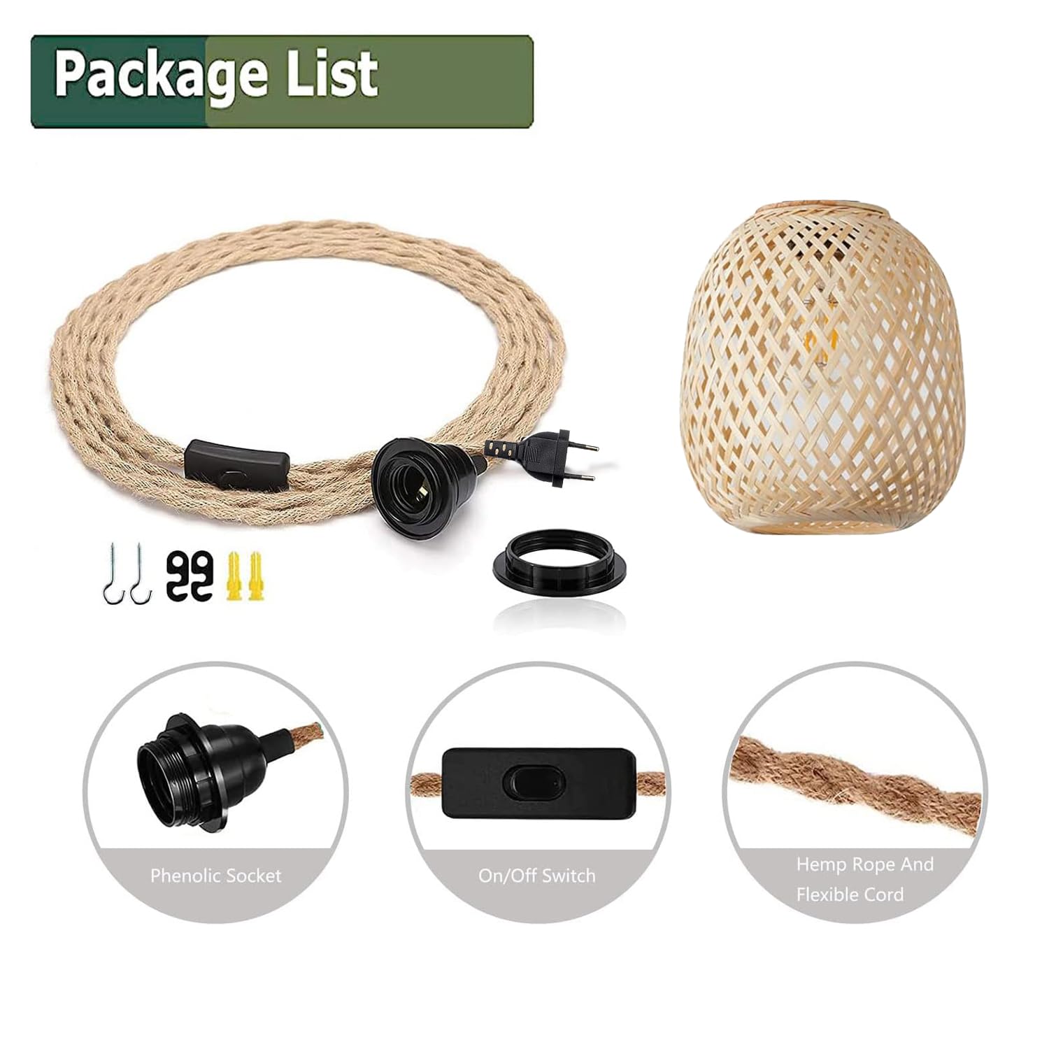 Hängelampe Lampenschirm mit Stecker Outdoor Lampe Hängend Boho Rattan Deckenlampe Hängeleuchte Bambus Deko Deckenleuchte Esstisch Lampen Hängelampen Pendelleuchte 4,5M Kabel für Schlafzimmer