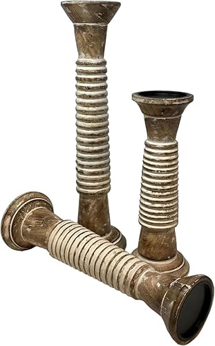 Portavelas acanalados para velas de pilar, juego de 3 portavelas altos de madera grandes de 18 pulgadas, 16 pulgadas, 14 pies, tallados a mano,