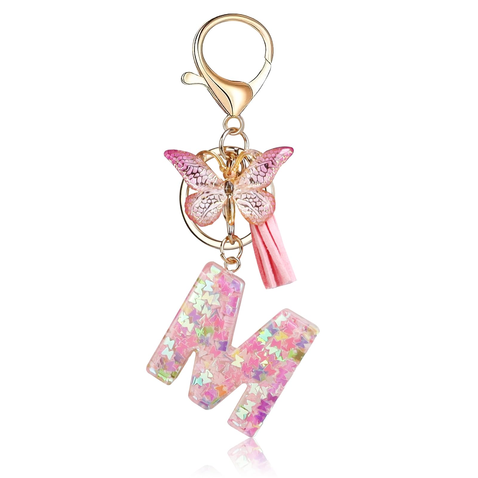 FmeidaInitial Letter Keychains for Women Cute Pink Keychain with Tassel& Butterfly